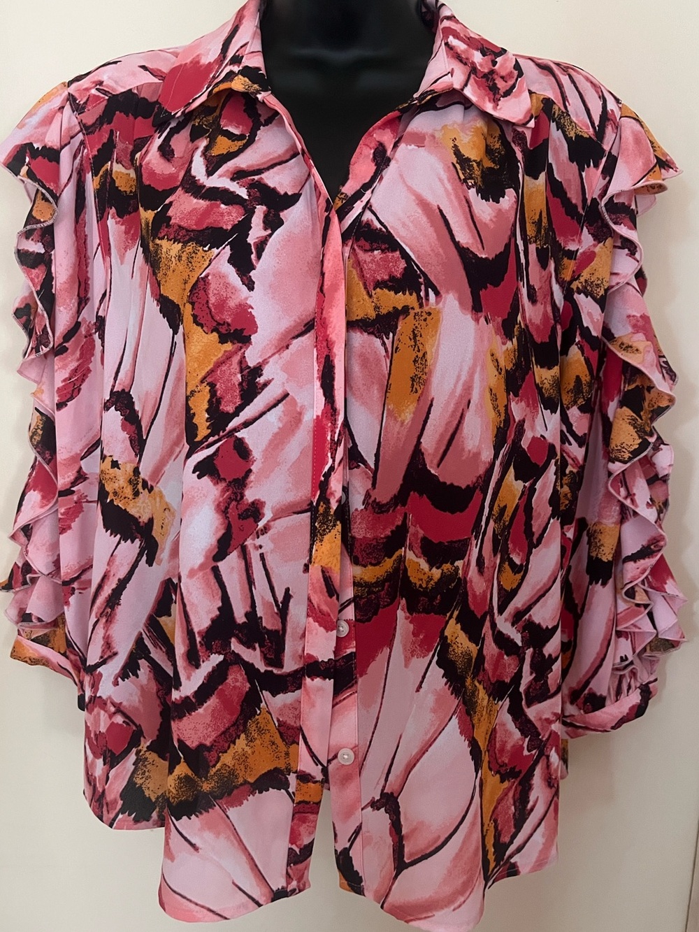 Investments Pink Abstract Ruffle-Sleeve Button-Front Blouse